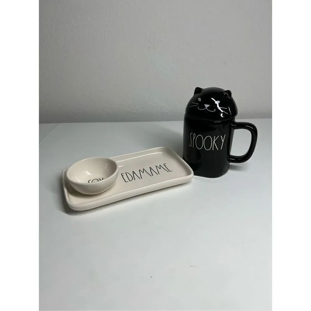 Set Rae Dunn Black Spooky Black Cat Cat Shiny Gloss Mug With Topper NEW Hallowe